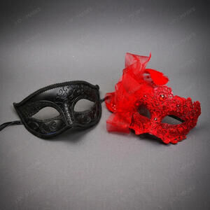 Venetian Lace Feather Masquerade Halloween Party mask Red Black